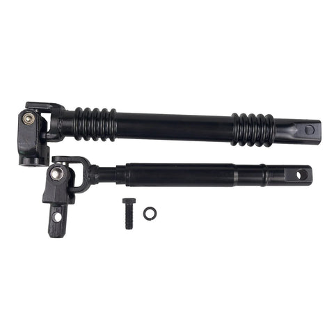 Two black steel steering shaft assemblies (upper and lower) with U-joint ends and mounting hardware