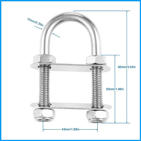 Two Pack Stainless Steel U Bolts For Boat Rigging Bow Eye Tie Down 316 Marine Grade Corrosion Resistant M10x90x130x36mm front view