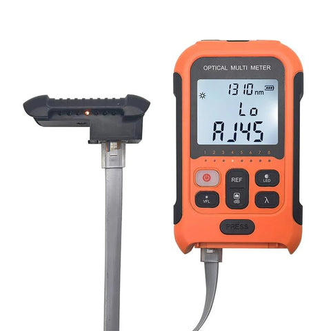 Front view of orange handheld optical multimeter with attached fiber cleaver.