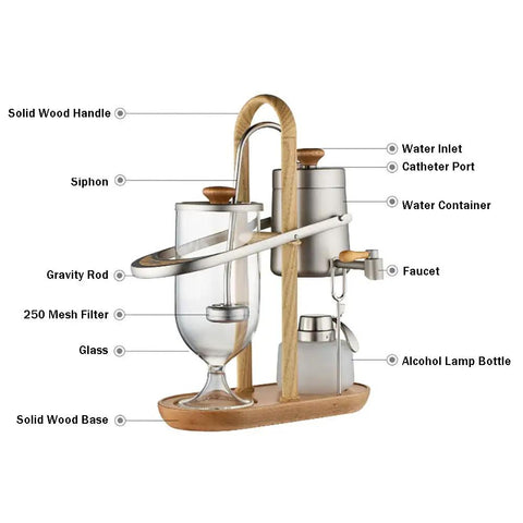 Top Shelf Belgian Siphon Coffee Maker With Clear Glass Chamber And Sleek Silver Base For No Fuss Morning Brews delivering visual details.