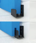 Matte Black Floor Guide Wall Mount For Sliding Barn Door Hardware Set Of 2 installed on a blue door, adjustable for door thickness.