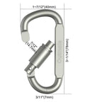 Image of a Premium Aluminum D Ring Locking Carabiner with dimensions for hiking gear, included in Pack of 6, lightweight and durable.