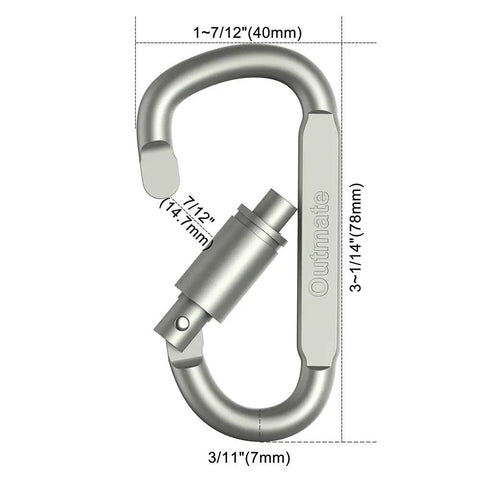 Image of a Premium Aluminum D Ring Locking Carabiner with dimensions for hiking gear, included in Pack of 6, lightweight and durable.