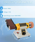 750W Jewelry Bench Polisher And Buffer Machine With Drill Chuck, Variable Speed Belt Sander And Rock Polisher, shown with specs