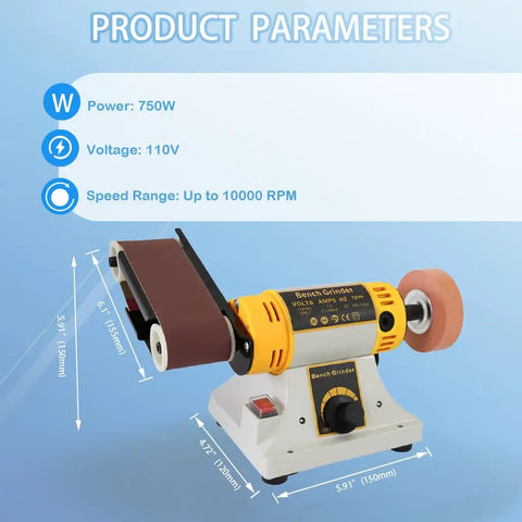 750W Jewelry Bench Polisher And Buffer Machine With Drill Chuck, Variable Speed Belt Sander And Rock Polisher, shown with specs
