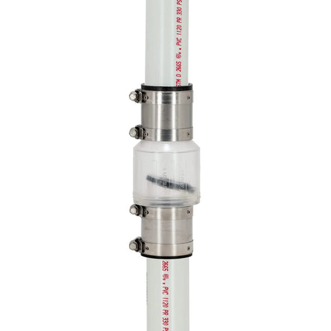 ProCheck quiet silent sump pump check valve with stainless steel vibration-resistant couplings on 1-1/2 in PVC pipe