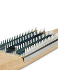 Close up of Heavy Duty 15 Inch Wood Shaft Double Handle Buffing Wheel Rake Steel Teeth for seamless tool refresh and cleanup.