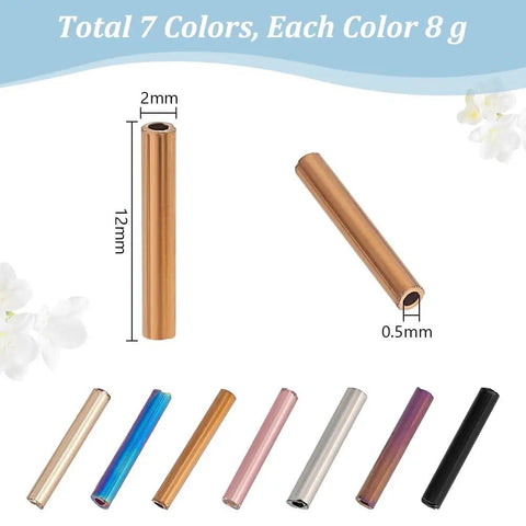 623 Pieces Glass Bugle Beads Set In Seven Dope Metallic Colors, showing tubular seed spacers in different colors, 12x2mm size.