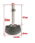 Built Tough Adjustable Leveling Feet with M20 thread, 233mm height, sturdy round base for furniture leveling applications.