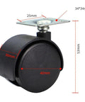 Heavy Duty 4 Pack 40mm Swivel Furniture Caster with 34x34mm Plate and metal ball bearing, detailed product dimensions view