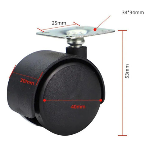 Heavy Duty 4 Pack 40mm Swivel Furniture Caster with 34x34mm Plate and metal ball bearing, detailed product dimensions view