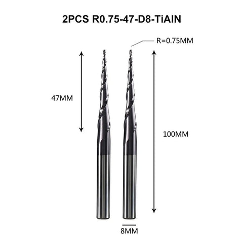 Rock Solid Two Flute Tapered Ball Nose End Mill Cnc Router Bit For Wood With Dlc Coated Solid Carbide, 8mm size.