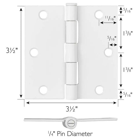 Heavy Duty Interior Door Hinges 3 Pack White 3 Point 5 Inch Square Corner Steel Removable Pin dimensions and details.