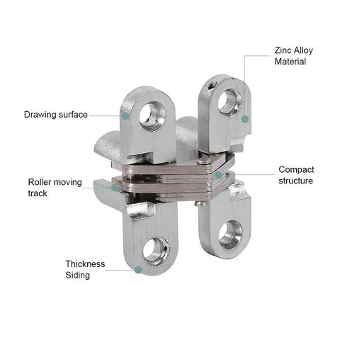 Zinc Alloy Hidden Hinge For Folding Doors, Concealed Cross Hidden Hinge Set, 180 Degree Swing, showing structure and material details.