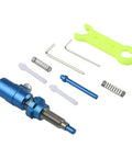 Aluminum Plunger Button Adjuster For Recurve Bows with adjustment tools and components in blue and yellow.