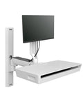 Beefy Articulating Desk Monitor Stand Cast From Tough Aluminum Grants Effortless Tilting And Quick Swivel Moves While Supporting Your 27 Inch Panel Into A Slick Pro Workspace Build In Clean White mounted on a wall with tidy wiring.