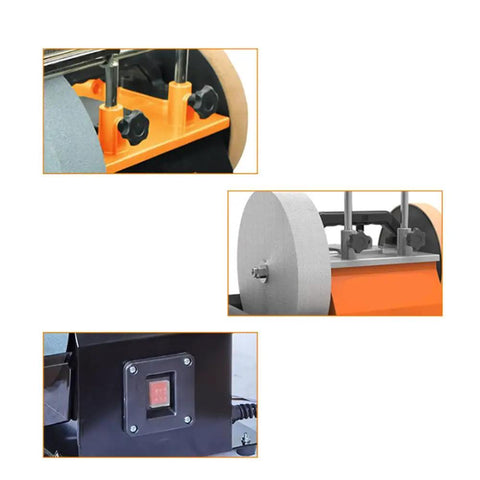 Close-up of Workhorse Dual Wheel Bench Grinder Designed For Wet Sharpening And Sleek Polishing Runs On Low Speed, showcasing adjustable knobs and wet wheel.