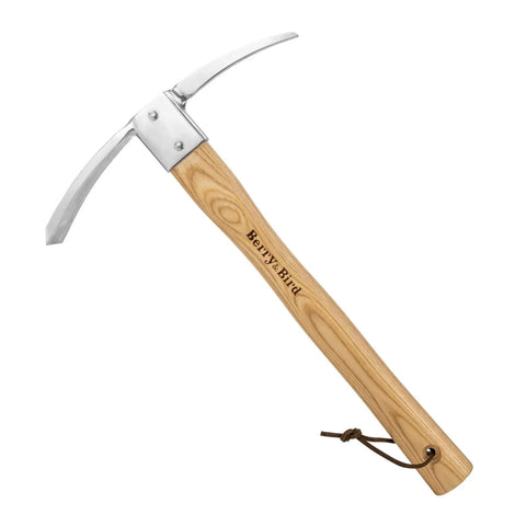 Beast Tough As Nails Garden Pickaxe Hoe Mattock with wooden handle and stainless steel head, side view for soil work.