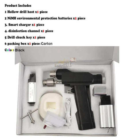 Top Tier Heavy Duty Veterinary Orthopedic Electric Power Drill And Cannulated Bone Drill Kit, 14.4V Cordless components in black casing.