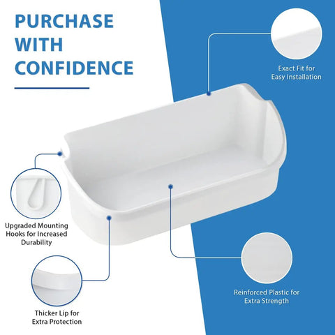 Two Pack Door Bin Replacement For Refrigerator Shelves 240356401 AP2116036 Fits Specific Refrigerator Models Durable Plastic Door Bin Replacement Part No Fuss Easy Install Upgrade showing features like exact fit and reinforced plastic.