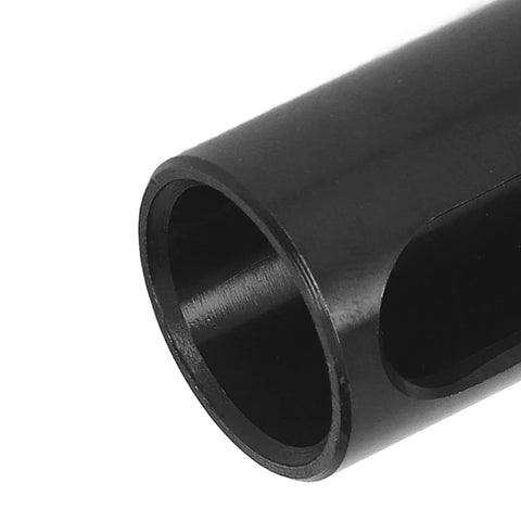 Close-up of black alloy steel CNC lathe reducer sleeve with hollow bore