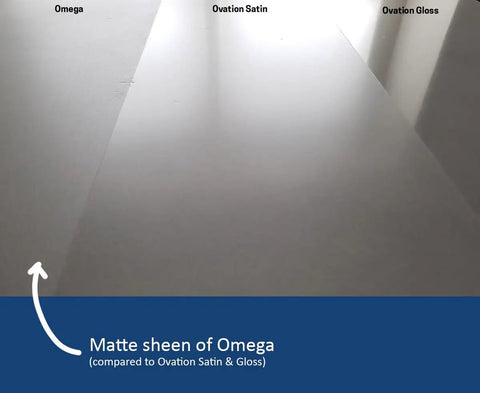 Matte sheen comparison of Omega to Ovation Satin and Gloss using Straight Up Professional Grade Water Based Urethane Concrete Countertop Sealer Clear Low Sheen Finish 24 Oz Kit Covers 170 Sq Ft Heat UV Resistant Killer Durability No Sweat Application.
