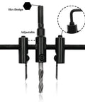 Adjustable Hole Saw Circle Cutter Kit with drill bit and hex wrench close-up for drywall wood plywood laminate and composite materials.