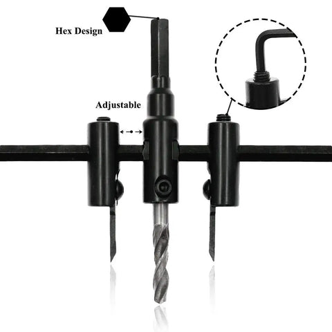 Adjustable Hole Saw Circle Cutter Kit with drill bit and hex wrench close-up for drywall wood plywood laminate and composite materials.
