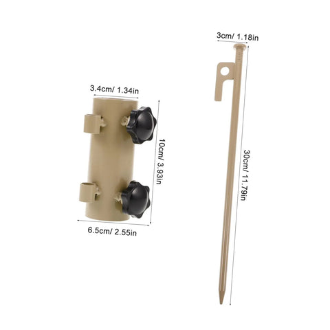Size details of Six-Piece Adjustable Camping Tent Pole Kit With Heavy-Duty Aluminum Stakes, showing stake and attachment knob.