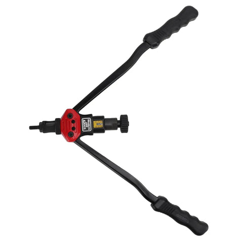 16 Inch Universal Hand Blind Riveter And Rivet Nut Setter Kit With 10 Mandrels And 110 Nuts Pro Grade Metal Tool Ergonomic Anti Slip Handle For Heavy Duty Rustproof Construction And Quick Mandrel Change, red and black