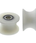 Heavy Duty U Groove Caster Wheel With Precision Steel Bearings And Thick Nylon Shell shown from front and side view.