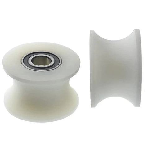 Heavy Duty U Groove Caster Wheel With Precision Steel Bearings And Thick Nylon Shell shown from front and side view.