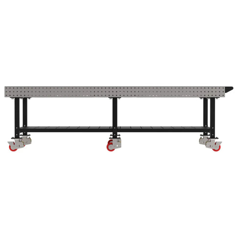 Robust Welding Fixture Workbench With Spacious Bottom Shelf And Easy Roll Handle, 120x48 inches, laser cut grid and locking casters.