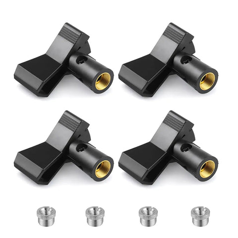 Must Have Universal Microphone Clip Holder Kit With Five Eighths Inch To Three Eighths Inch Thread Adapter For Stands Boom Arms And Recording Gear Great For Studio Podcast And Karaoke 4 Pack, showing four black clip holders and adapters