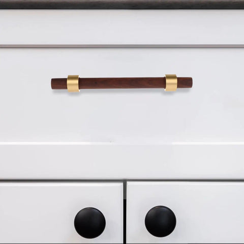 Walnut Cabinet Pulls Set 2 Pack Modern Long Handles for Kitchen and Bathroom Cabinets, 96mm hole spacing on white drawer.