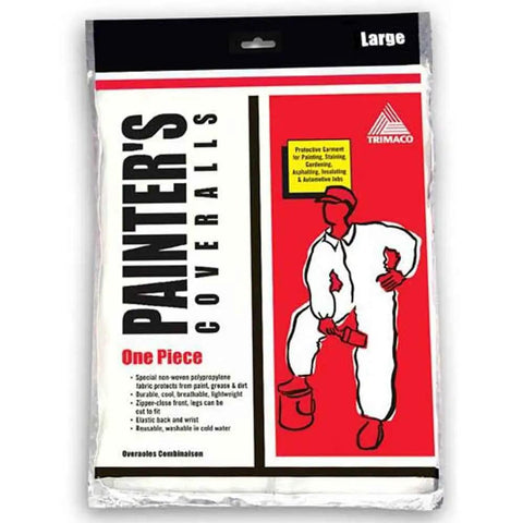 Packaging of a White Pro Grade Lightweight Disposable Coverall with front view illustration and large size label