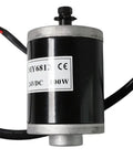 24V 100W Brushed DC Scooter Motor With 9 Tooth Sprocket Kit For Electric Scooters Delivers 2700 RPM And 0.35 Nm Torque Instant Rotation Recovery Snappy Power Smooth Ride Easy Plug And Play Install. Black brushed DC scooter motor with wires and silver ends.