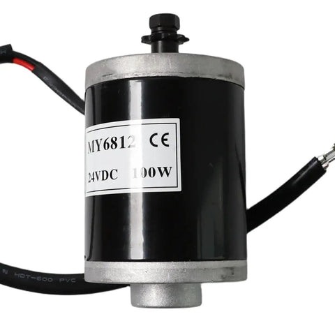 24V 100W Brushed DC Scooter Motor With 9 Tooth Sprocket Kit For Electric Scooters Delivers 2700 RPM And 0.35 Nm Torque Instant Rotation Recovery Snappy Power Smooth Ride Easy Plug And Play Install. Black brushed DC scooter motor with wires and silver ends.