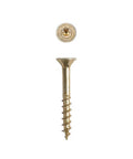 Heavy Duty Workhorse Number 8 X 1-1/4 Inch Flat Head Wood Screw showing the head and shaft, made for framing and renovations.