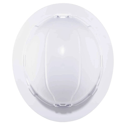 Top view of Hard Hat With Light And Full Brim Ratchet Suspension Class E Skullerz 8971LED White showing brim and shell design