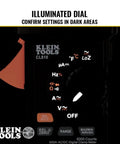 Digital Clamp Meter With True RMS And LoZ Auto Ranging illuminated dial showing settings for AC and DC voltage.