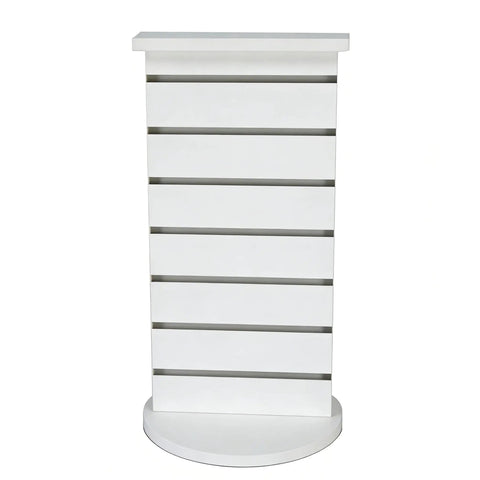 Front view of Two Sided Slatwall Counter Spinner Display Rack in Maple Finish for Giftware and Jewelry, Rotating Spin Rack with Black Base