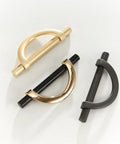 Brushed Gold Half Moon Cabinet Pulls Set of 2, 3.75 Inch Length with black and silver variations on white background