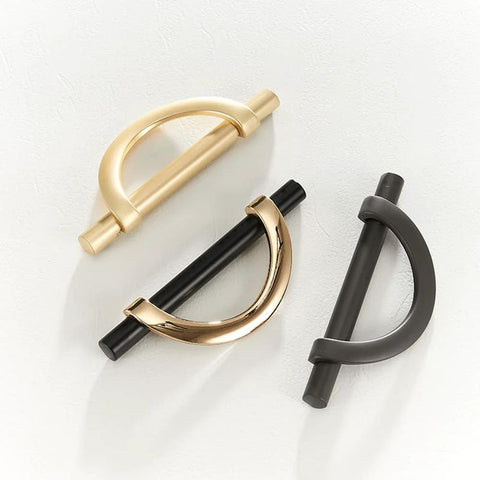 Brushed Gold Half Moon Cabinet Pulls Set of 2, 3.75 Inch Length with black and silver variations on white background
