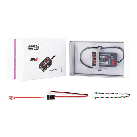 ER6 2.4G 6CH PWM Receiver For Fixed Wing RC Planes With CRSF And ExpressLRS in packaging and included accessories