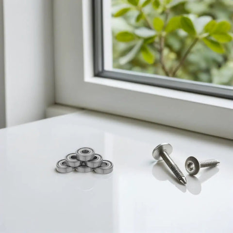 Silky Smooth 10 Pack Zz Miniature Deep Groove Ball Bearing With Double Shields For Roller Skates Robots Crafts And Scooter Wheels Harsh Environment on white surface with screws.