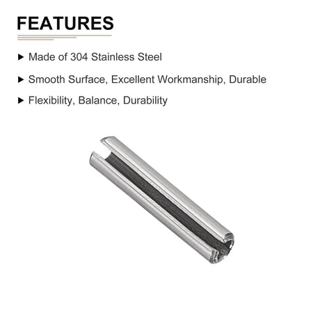 1.5mm By 6mm Slotted Roll Pin Set, 20 Pack, 304 Stainless Steel Spring Dowel Pins, Silver, shown with features text