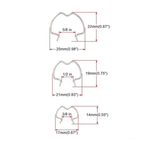 Top Notch 18 Piece Vehicle Quick Hose Clamp Kit With Steel Spring Fasteners In Assorted Sizes For Secure Washer Lines And Auto Bays, Perfect Fit For Weekend Repairs And Station Service Jobs. Steel spring hose clamps 3/8, 1/2, 5/8 in, size chart