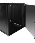 12U Wall Mount Network Cabinet With Glass Door, Cooling Fan, Locks, And Removable Side Panels, open front view, heavy duty steel
