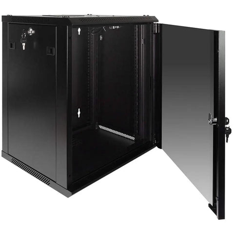 12U Wall Mount Network Cabinet With Glass Door, Cooling Fan, Locks, And Removable Side Panels, open front view, heavy duty steel